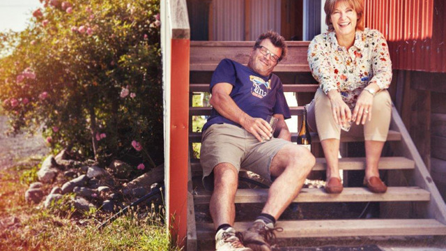 Kim and Eric Crawford from Loveblock wines sitting on some steps