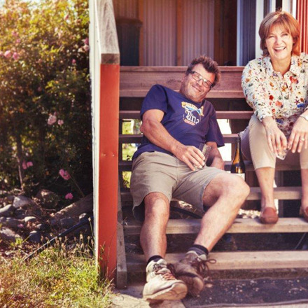 Kim and Eric Crawford from Loveblock wines sitting on some steps