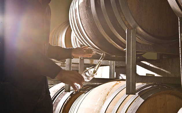 A person pouring wine from barrels at Villa Maria