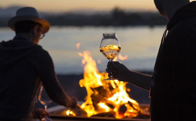 someone holding a wine glass in front of a bonfire